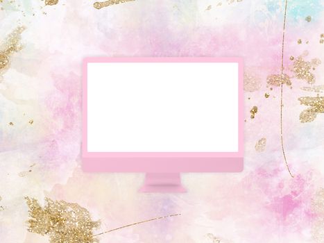 The computer monitor mockup template on brush painting background in pink color theme