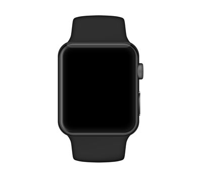 Isolated space gray aluminum case black band black screen smart watch on white background