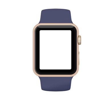 Isolated gold aluminum case midnight blue sport band white screen smart watch on white background