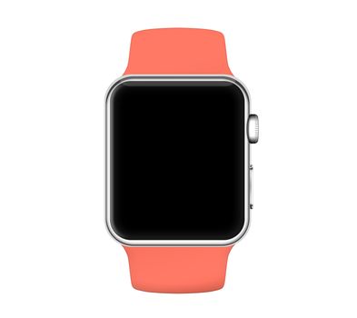 Isolated silver aluminum case orange apricot sport band black screen smart watch on white background