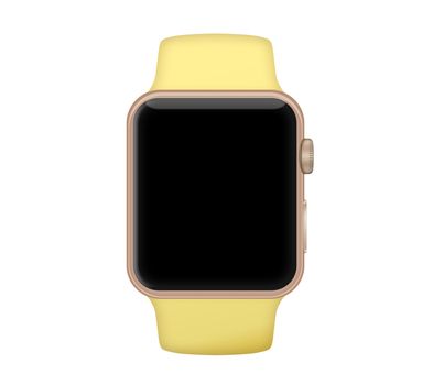 Isolated gold aluminum case smart watch and pollen yellow band on white background