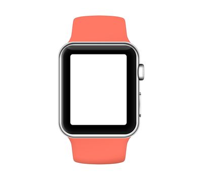 Isolated silver aluminum case orange apricot sport band smart watch white screen on white background