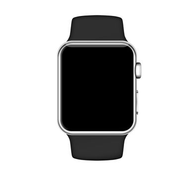 Isolated silver aluminum case black band black screen smart watch on white background