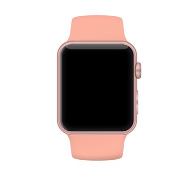 Isolated rose gold aluminum case smart watch and pink flamingo sport band on white background