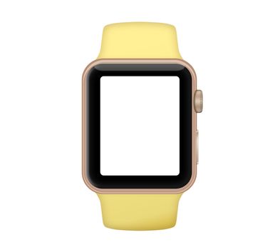 Isolated gold aluminum case smart watch and pollen yellow band on white background