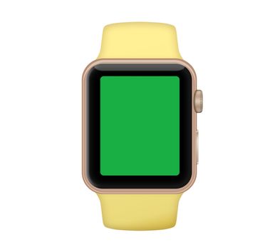 Isolated gold aluminum case smart watch and pollen yellow band with green screen