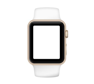 Isolated gold aluminum case white band white screen smart watch on white background