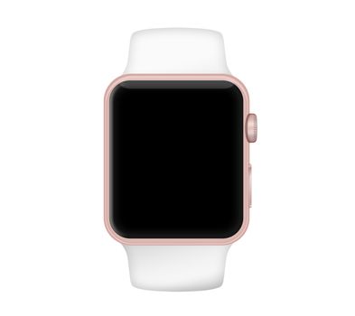 Isolated rose gold aluminum case white band black screen smart watch on white background