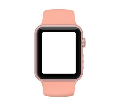 Isolated rose gold aluminum case smart watch and pink flamingo sport band on white background