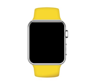 Isolated yellow band silver aluminum case smart watch on white background
