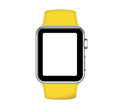 Isolated yellow band silver aluminum case smart watch on white background