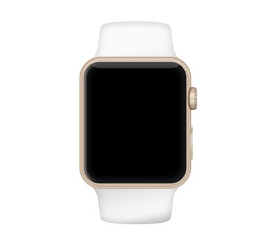 Isolated gold aluminum case white band black screen smart watch on white background