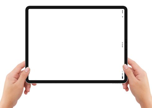 Isolated human left hand holding white tablet computer white screen mockup on white background