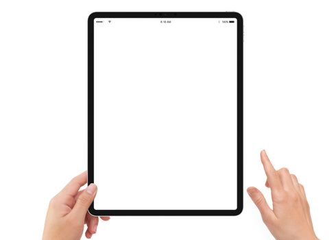 Isolated human left hand holding vertical black tablet media device with white empty screen mockup on white background