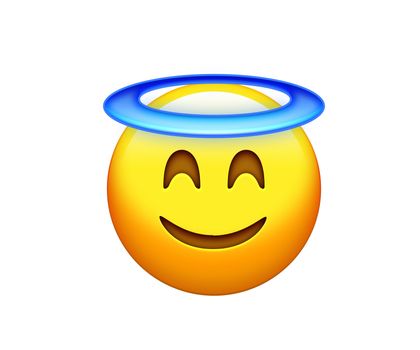 The isolated yellow delightful smiley face with angle halo icon