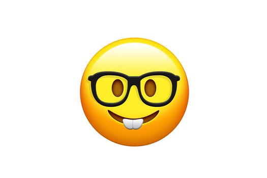 The emoji yellow happy face with white teeth and glasses icon