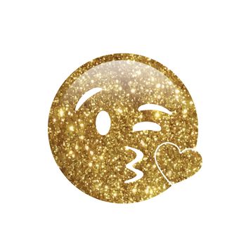 The isolated golden glitter yellow smiley face with kissing mouth icon