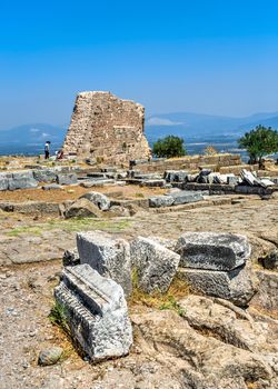 Pergamon, Turkey -07.22.2019. Ruins of the Ancient Greek city Pergamon in Turkey on a sunny summer day