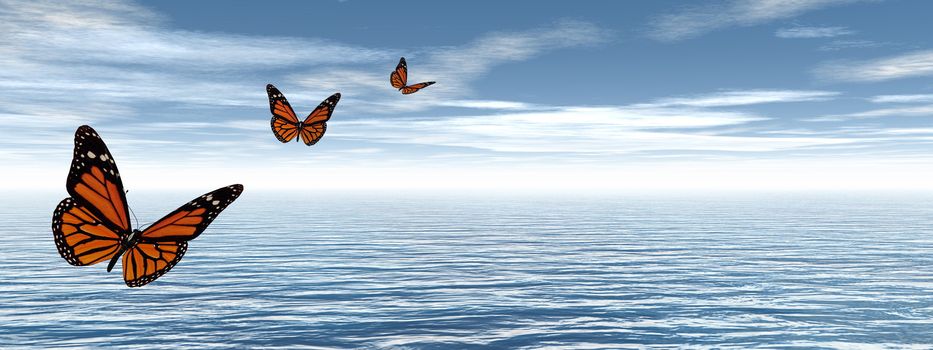 Butterflies flying to the horizon upon the ocean - 3D render