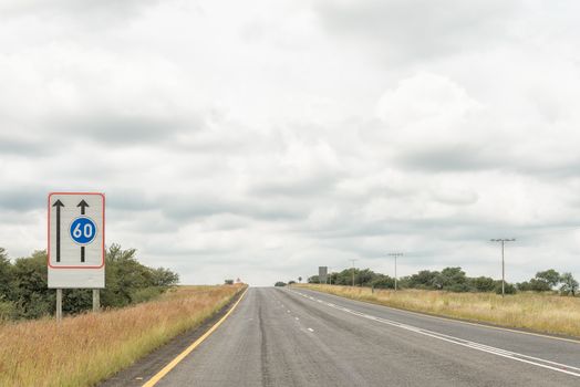 A lane specific minumum speed road sign on road N5 near Winburg