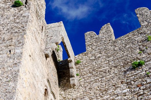 Ruined walls of Norman Castle called Venus Castle in Erice, small town located on a mountain near Trapani city, Sicily Island in Italy