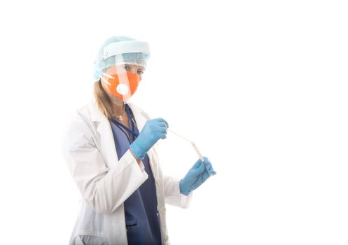 Medical healthcare worker holding a nose and throat swab for viral infections or flu influenza