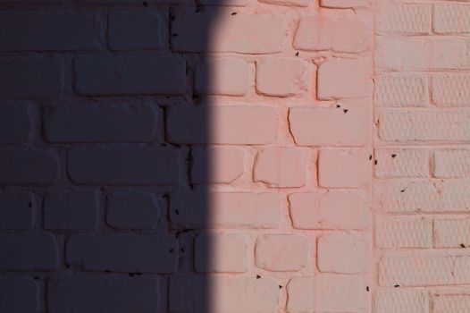 Pink brick wall with vertical shadow line. Textured wall stock pattern.
