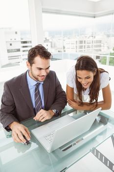 Two young business people using laptop in office