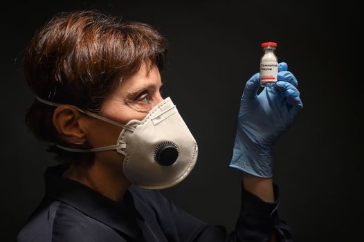 Woman Wearing Medical Protective Virus Mask and Vaccine