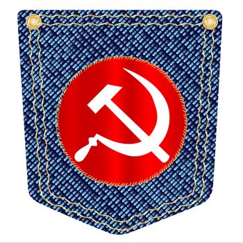 A plain blue denim pocket with copper studs and a Russian flag over a white background