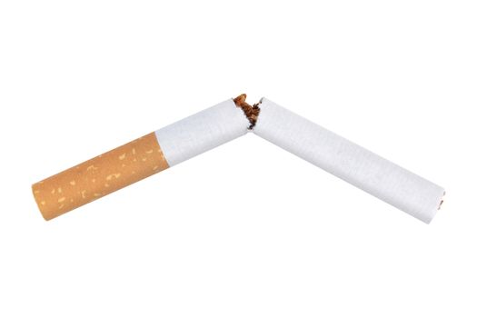 A broken cigarette on white stop smoking will power