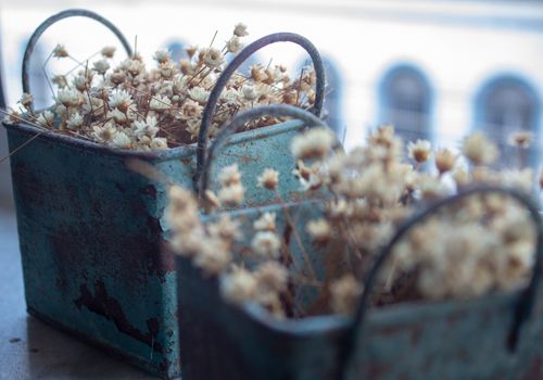 Bunch of tinny artificial flowers, hay colored, inside two blue metal boxes, very old and rusted