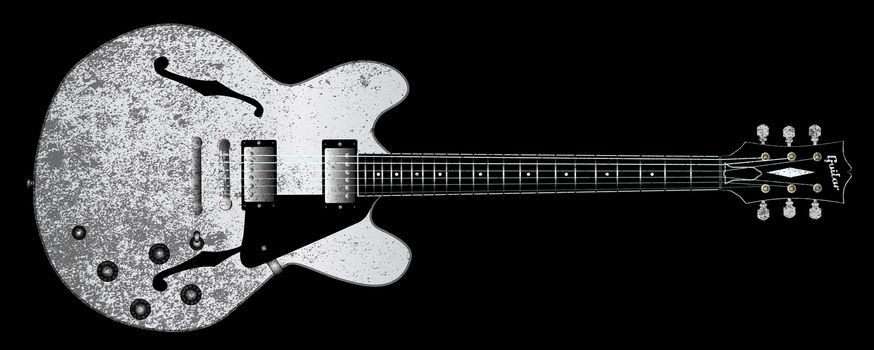 A white jazz semi electric guitar set into a black grunge style