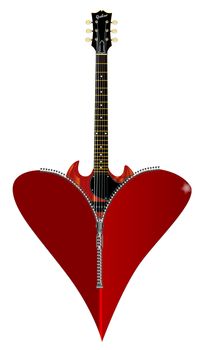A red heart with a zipper showing a guitar rising from within