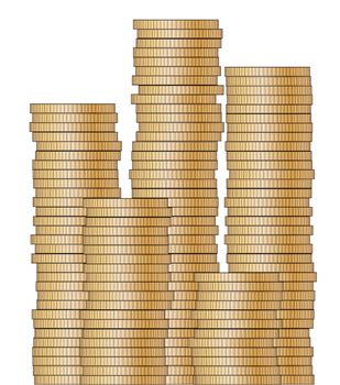 Stacks of gold pieces of Eight coins isolated over a white background