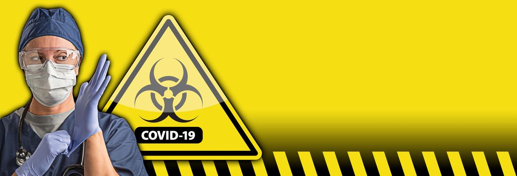 Banner of Doctor or Nurse Wearing Protective Equipment and Coronavirus COVID-19 Bio-hazard Warning Sign Behind.