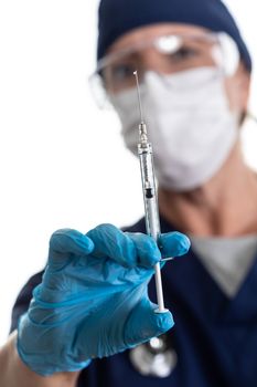 Doctor or Nurse Holding Medical Syringe with Needle on White Background.