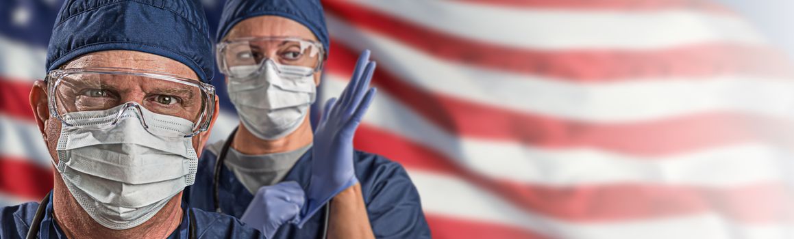 Doctors or Nurses Wearing Medical Personal Protective Equipment (PPE) Against The American Flag Banner.