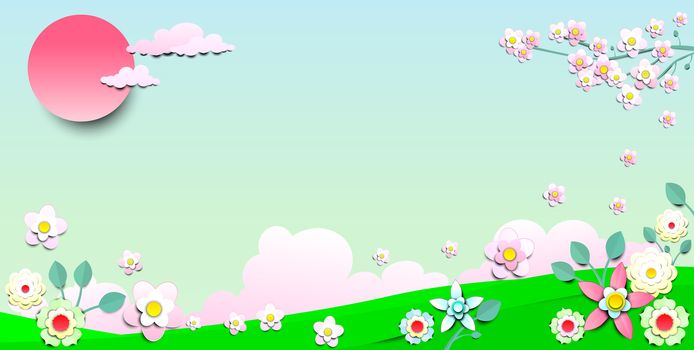 Summer background with flowers. The sun and clouds in the sky. Sakura blossom. Spring background.