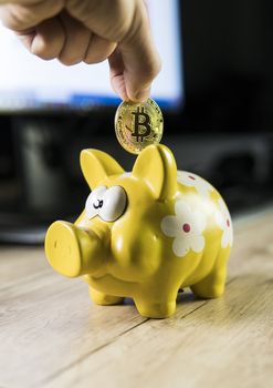 Hand putting golden bitcoin in to piggy bank money box with a computer on background. Cryptocurrency investment concept. BTC coin as symbol of electronic virtual money. Web banking, network payment