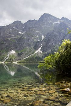 Beautiful summer Alpine mountain lake view covered in green trees and sunshine in sky. Reflection of mountain in the water. Crystal clear water. Europe, Alps