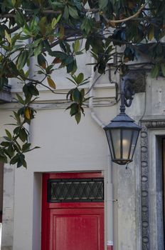 Front view of a bright red front door.