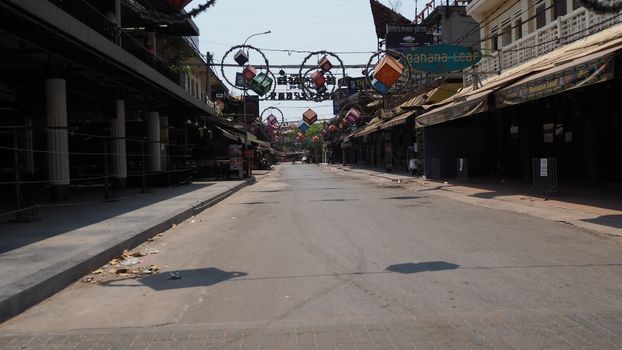 pub street in siem reap cambodia now empty and closed as there are no tourists because of corona