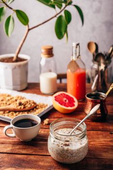 Ready to eat muesli breakfast with turkish coffee, grapefruit and juice