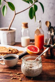 Ready to eat muesli breakfast with turkish coffee, grapefruit and juice