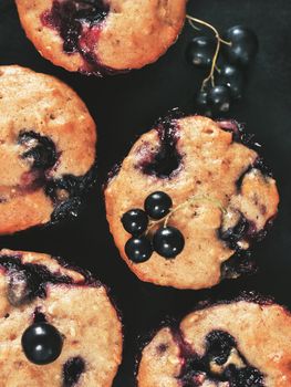 Muffins with black currant on dark background close up. Top view or flat lay. Vertical.