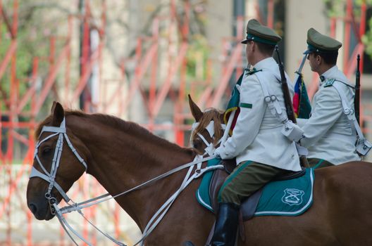 Santiago de Chile. Chile. January 15, 2012: mounted police in The Constitution Square.