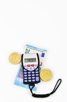 background with calculator, money, coins and virtual money