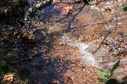 A close up of rushing stream from waterfall along Colorado hiking trail