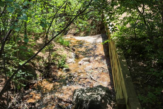 A close up of rushing stream from waterfall along Colorado hiking trail